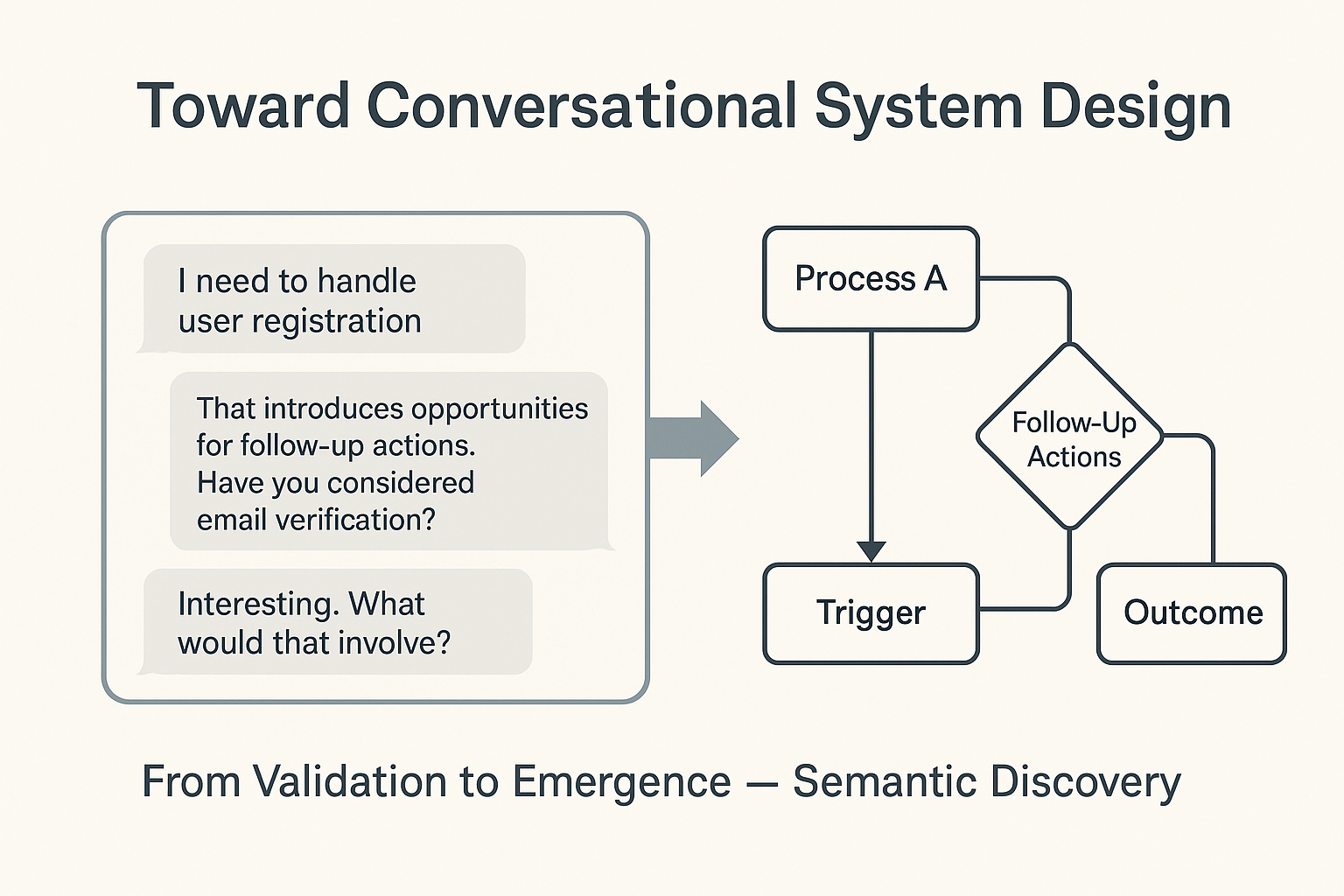 Illustration of conversational system design, showcasing how insights emerge interactively during the design process. The image focuses on user registration and email verification scenarios, emphasizing the shift from validation to collaborative inference.